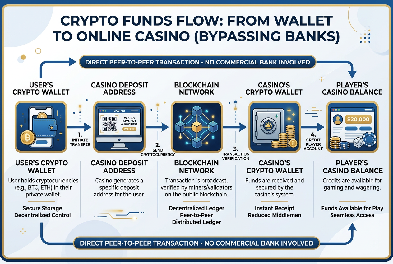 Profesionální infografika toku financí z krypto peněženky do online casina mimo bankovní systém