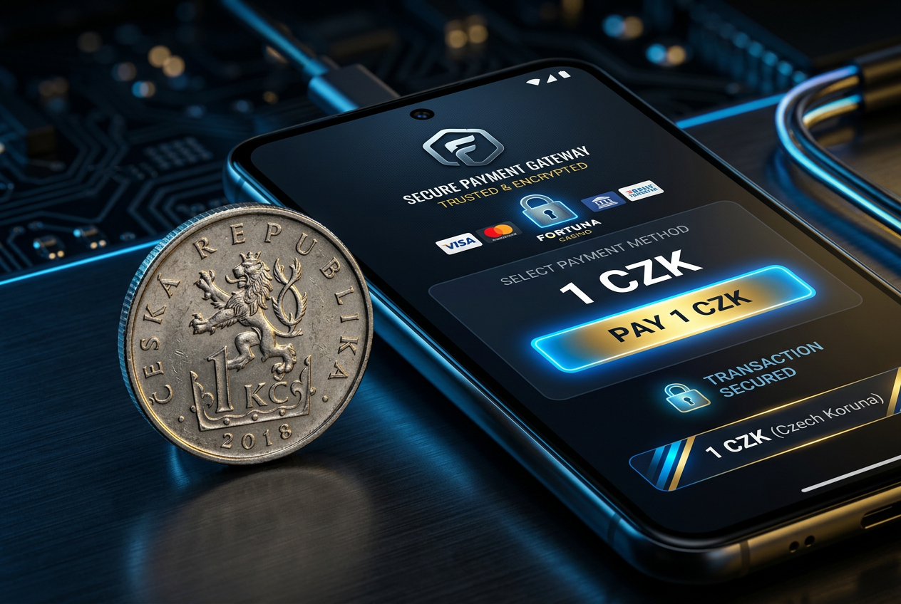 Detailní záběr české koruny u chytrého telefonu se zabezpečenou platební bránou casina