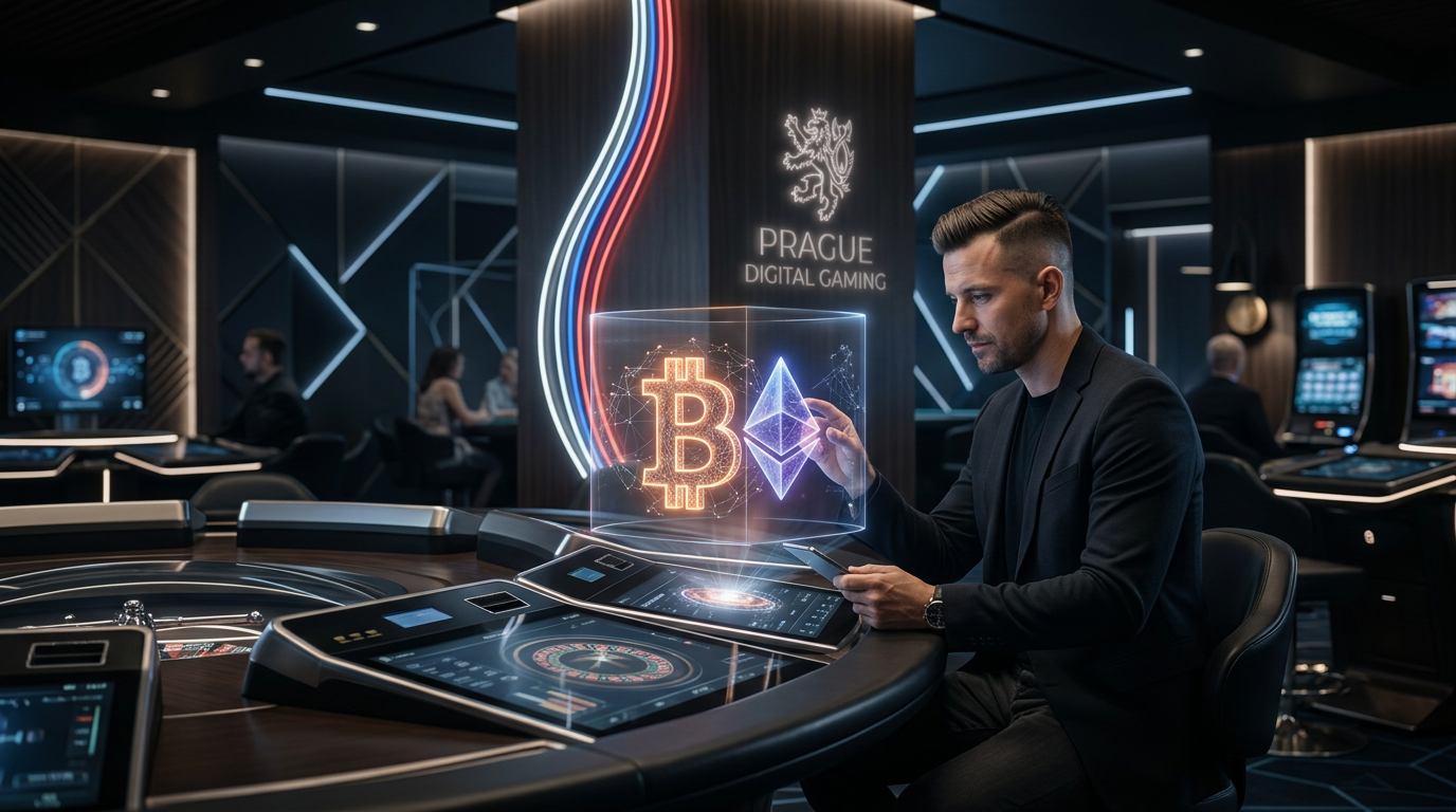 Futuristické krypto kasino s digitálními symboly Bitcoinu a Etherea